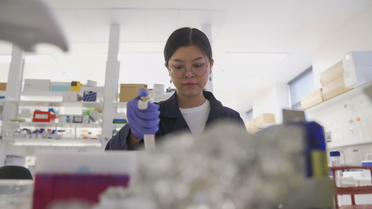 First year PhD student, Yanran Fan, in her lab at the John Curtin School of Medical Research.