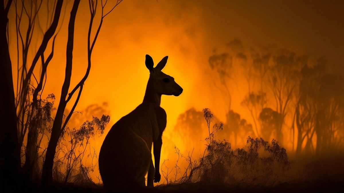 Black silhouette of a kangaroo in front of the flames of a bushfire