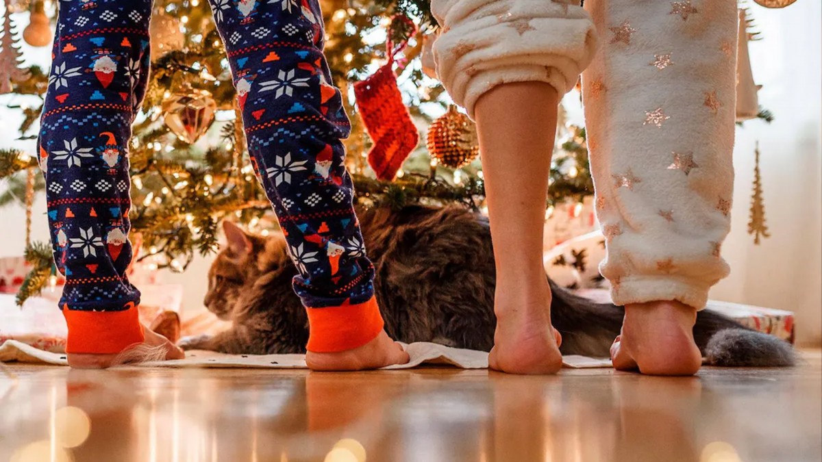 Two kids standing in front of a Christmas tree