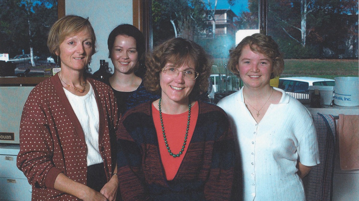 The Cancer Genetics Group at JCSMR in 1998. June Hornby, Natasha Tetlow, Maija Kohonen-Corish and Robyn Otway.